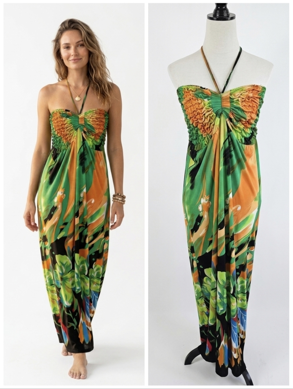 Riflessi Strapless Maxi Dress Green & Orange Floral  Women's Size Medium